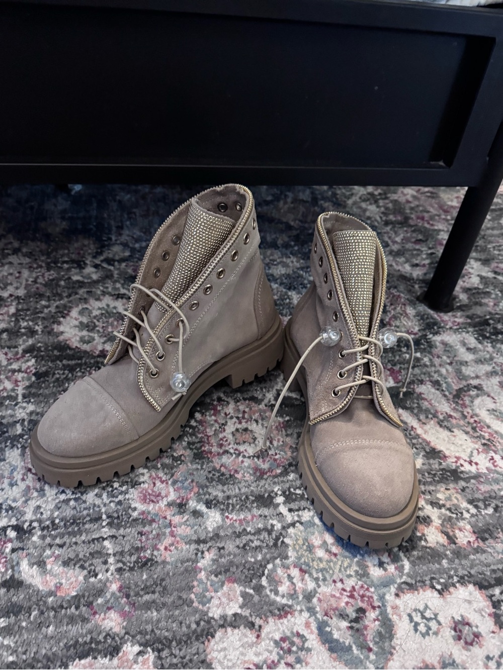 Michele Lopriore Strass Combat Boots Suede Beige